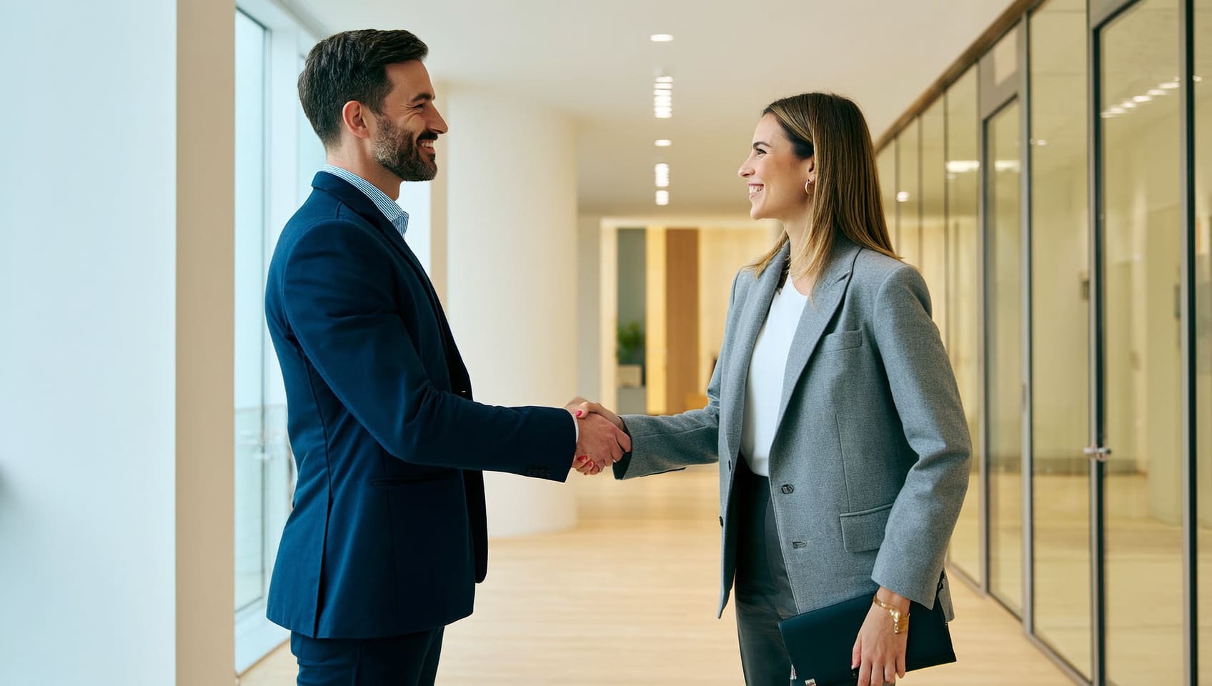 A visitor welcomed with a handshake at the company's Vancouver head office