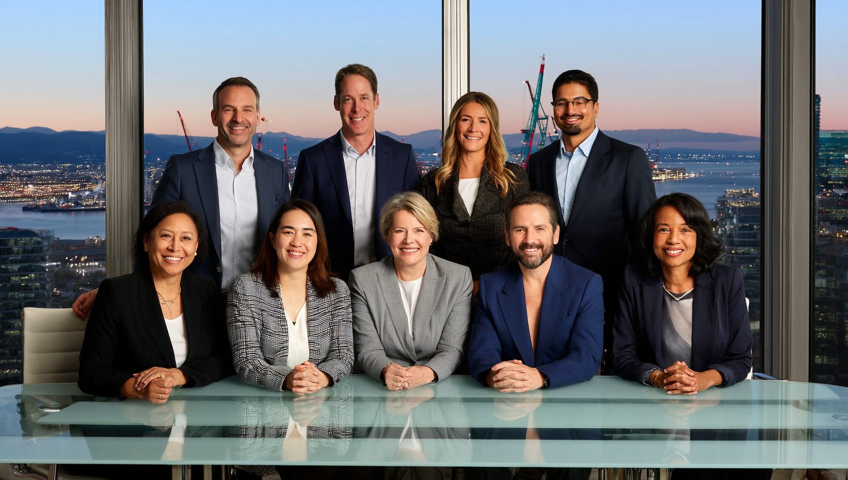 JULY leadership team gathered around a boardroom table above the Vancouver harbour at dusk
