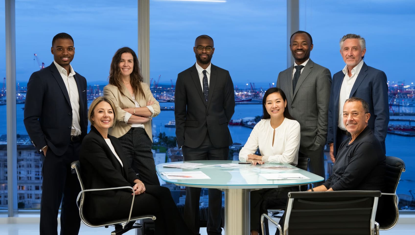The JULY leadership team gathered around a boardroom table at dusk, the harbour skyline behind them