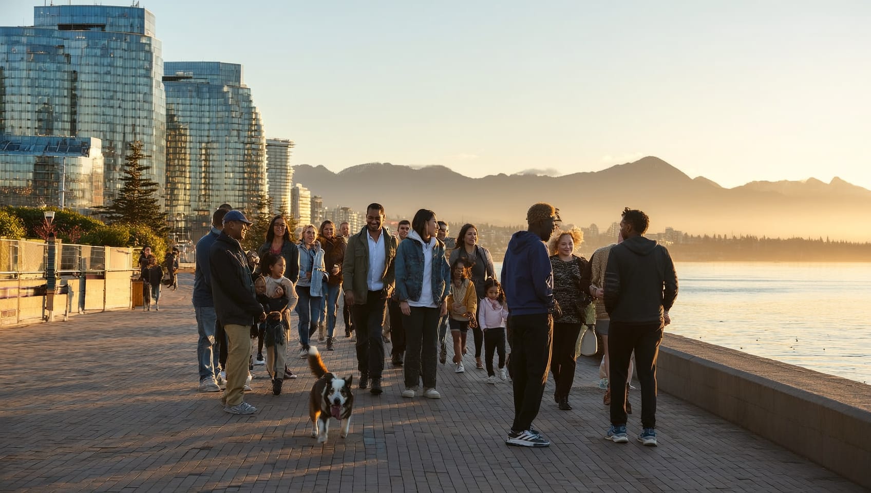 Neighbours of many ages greeting one another on a Vancouver harbourfront walkway at sunrise