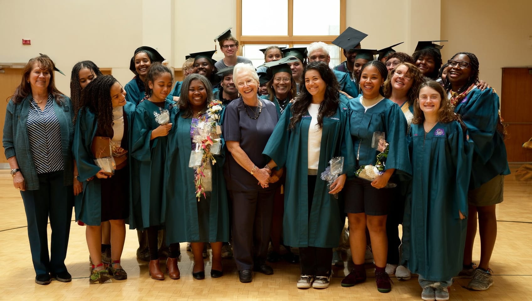 Mentors and students of many nationalities sharing a proud moment together in a sunlit community hall